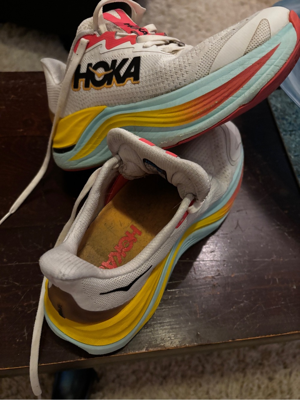 Hoka Women's skyward X White Running Shoes with Yellow & Coral Accents 6.5